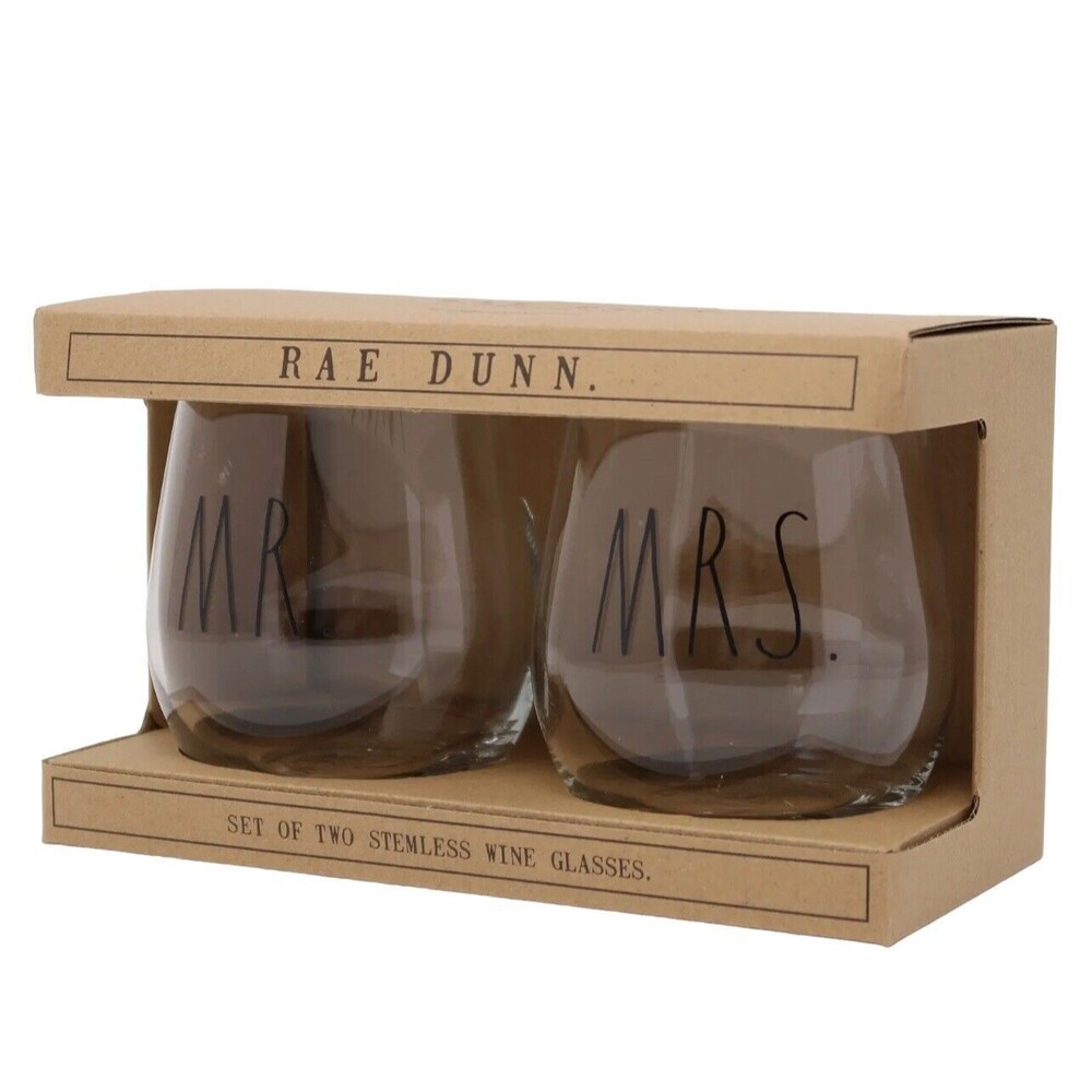 Rae Dunn Enchanté Set Of MR & MRS Stemless Wine Glasses Wedding Toast NEW 2021
